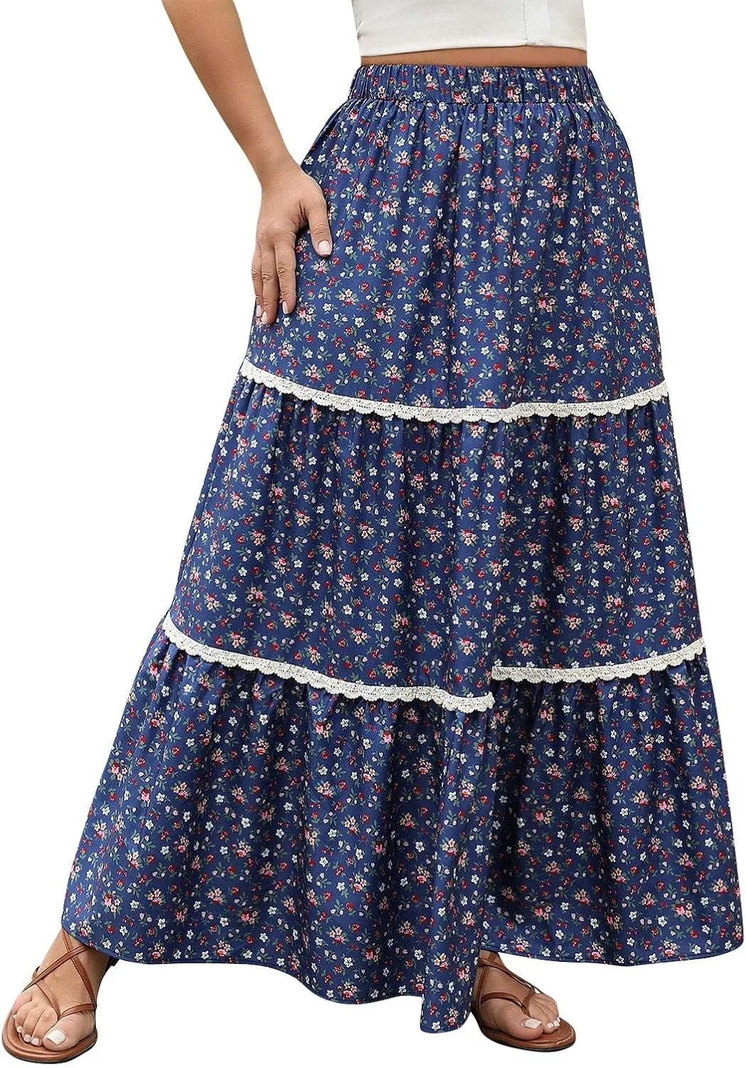 Boho Floral Maxi Skirt for Women Trendy 2025 Summer Elastic High Waisted Cute Lace Trim Ruffle Tiered Swing Beach Skirts
