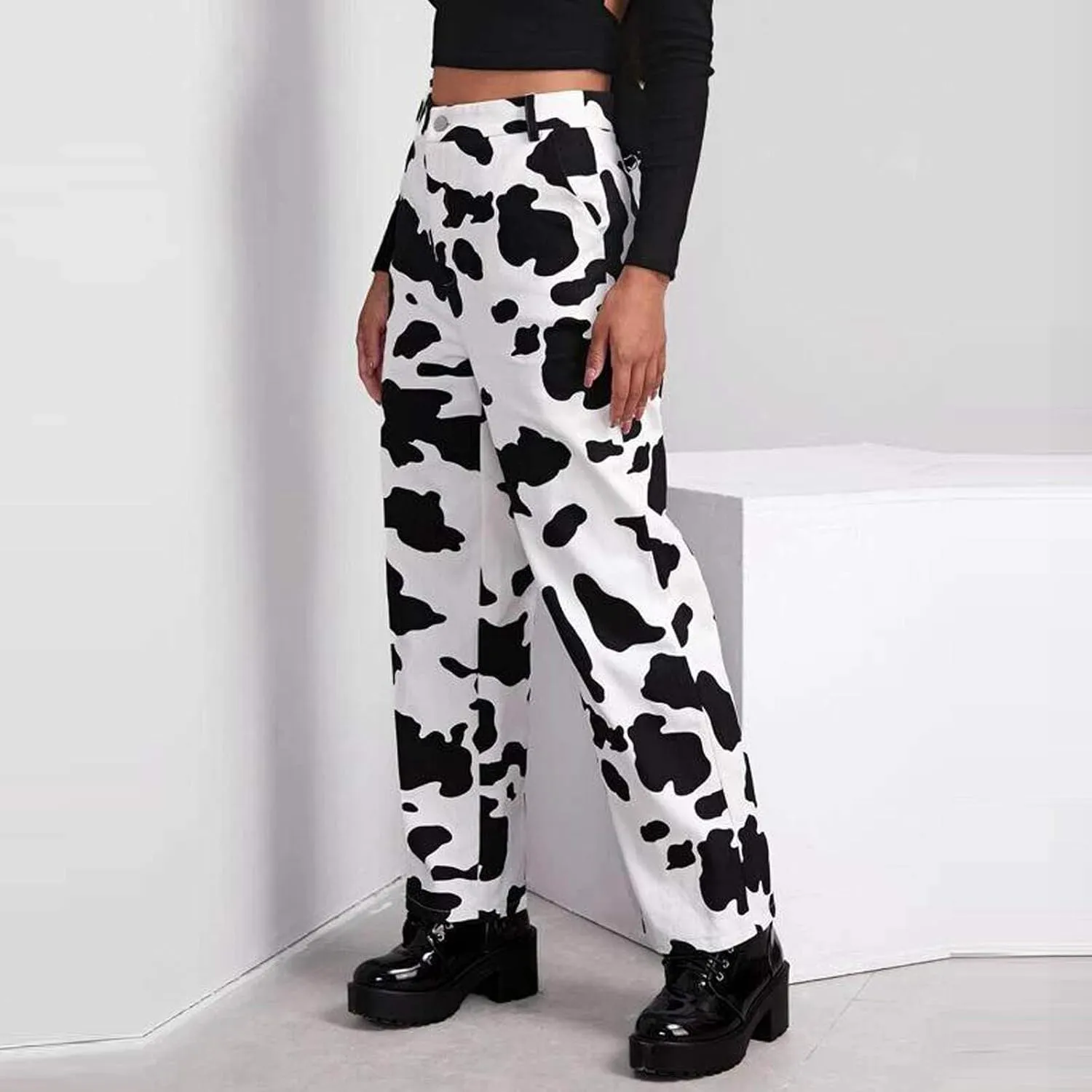 Bootcut Jeans for Women,Cow Print Pants High Waisted Baggy Jeans Stretch Barrel Jeans for Women Trendy