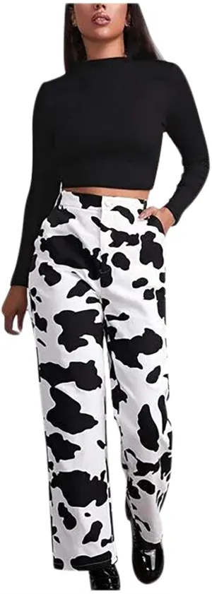 Bootcut Jeans for Women,Cow Print Pants High Waisted Baggy Jeans Stretch Barrel Jeans for Women Trendy