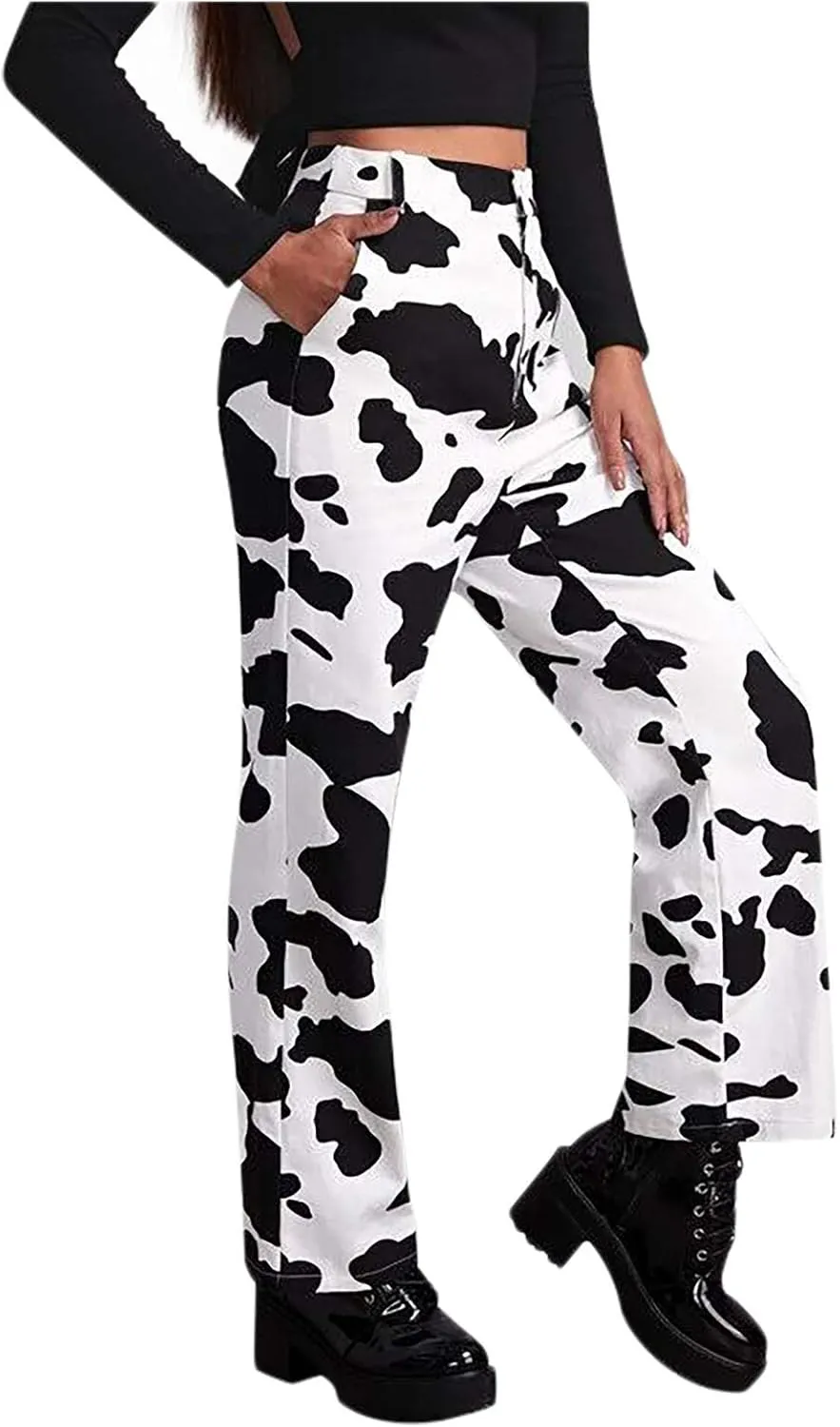 Bootcut Jeans for Women,Cow Print Pants High Waisted Baggy Jeans Stretch Barrel Jeans for Women Trendy