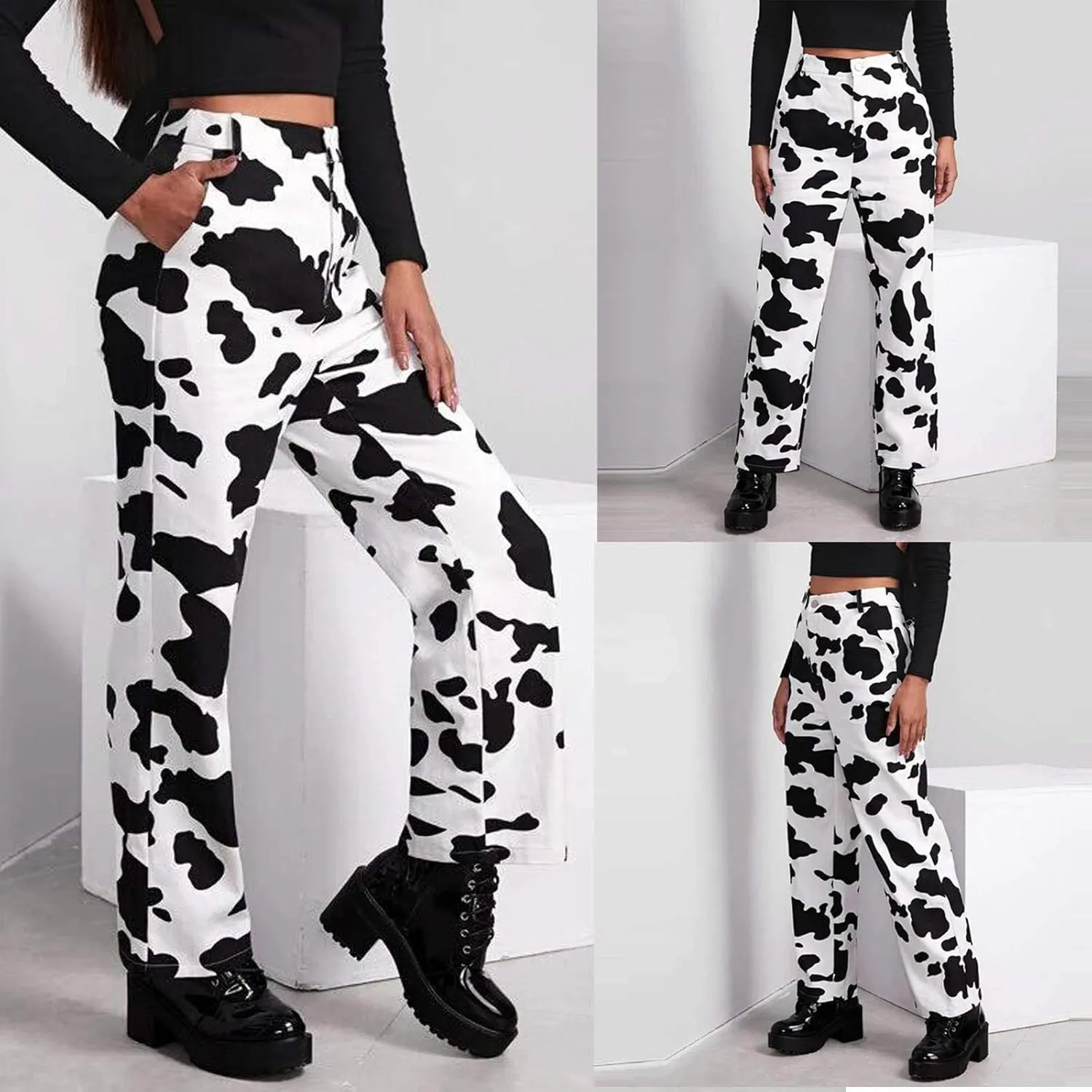 Bootcut Jeans for Women,Cow Print Pants High Waisted Baggy Jeans Stretch Barrel Jeans for Women Trendy