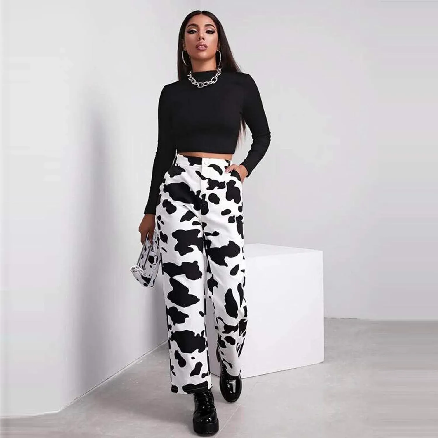 Bootcut Jeans for Women,Cow Print Pants High Waisted Baggy Jeans Stretch Barrel Jeans for Women Trendy