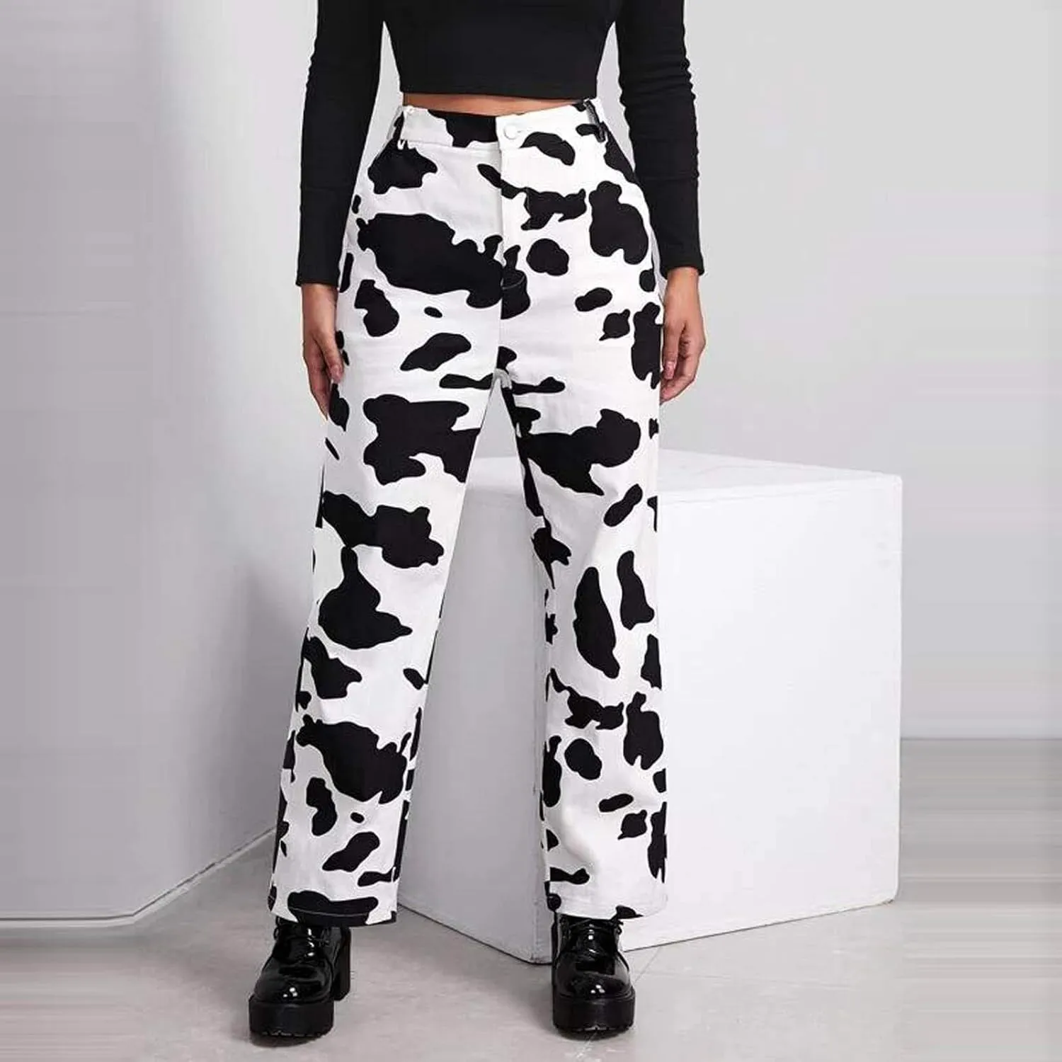 Bootcut Jeans for Women,Cow Print Pants High Waisted Baggy Jeans Stretch Barrel Jeans for Women Trendy