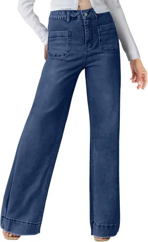Borniu Women's Wide Leg Jeans Casual High Waisted Stretch Baggy Loose Denim Pants Straight Loose Trendy Y2K Jean Trousers