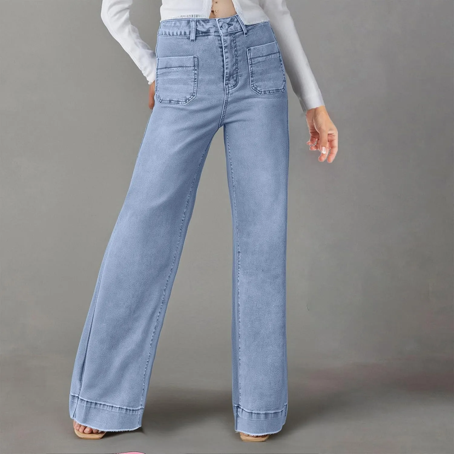Borniu Women's Wide Leg Jeans Casual High Waisted Stretch Baggy Loose Denim Pants Straight Loose Trendy Y2K Jean Trousers