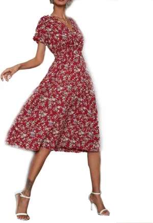 BSLVWG Women's V Wrap Dress Short Sleeve V Neck Wrap Summer Dress Midi Casual Floral Sundress A Line Dress Beach Dress