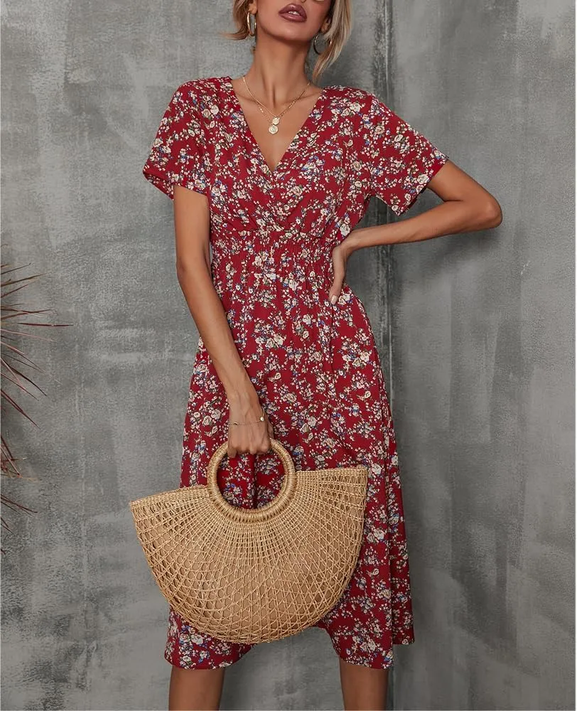 BSLVWG Women's V Wrap Dress Short Sleeve V Neck Wrap Summer Dress Midi Casual Floral Sundress A Line Dress Beach Dress