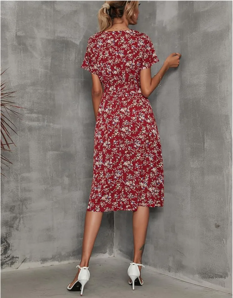 BSLVWG Women's V Wrap Dress Short Sleeve V Neck Wrap Summer Dress Midi Casual Floral Sundress A Line Dress Beach Dress
