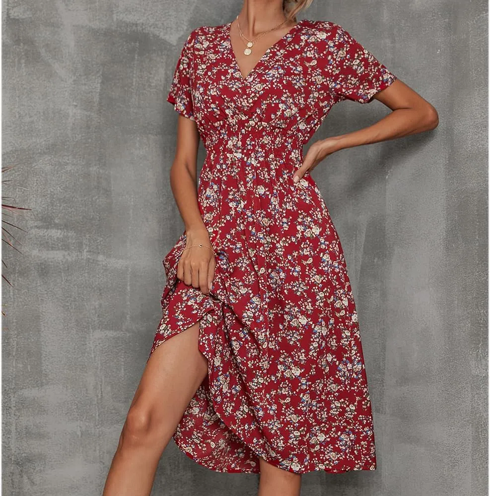 BSLVWG Women's V Wrap Dress Short Sleeve V Neck Wrap Summer Dress Midi Casual Floral Sundress A Line Dress Beach Dress