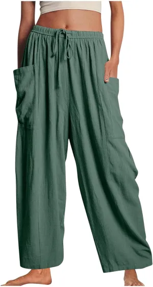 BZGTZT Women's Wide Leg Pants Elastic Waist Drawstring Casual Pants Straight Leg Lightweight Loose Trousers with Pockets