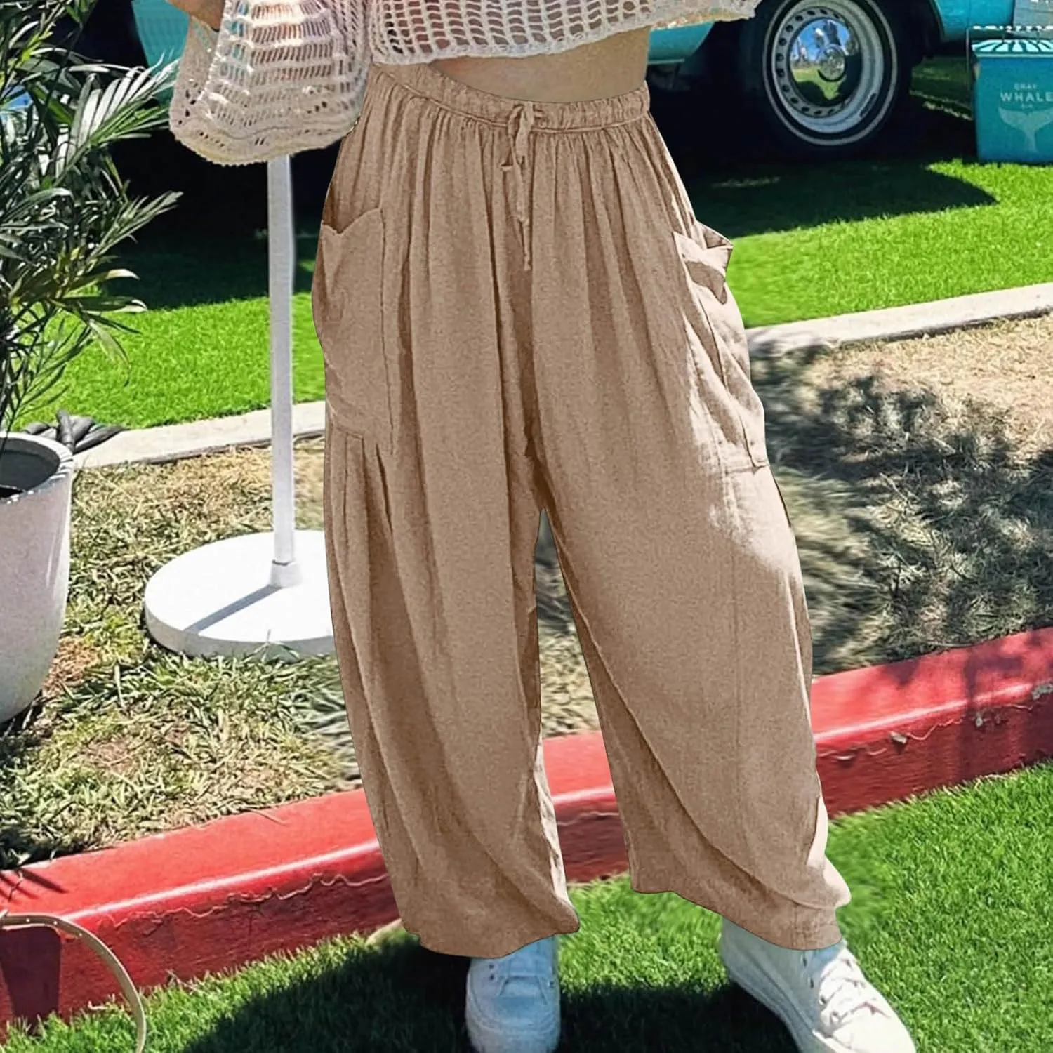BZGTZT Women's Wide Leg Pants Elastic Waist Drawstring Casual Pants Straight Leg Lightweight Loose Trousers with Pockets