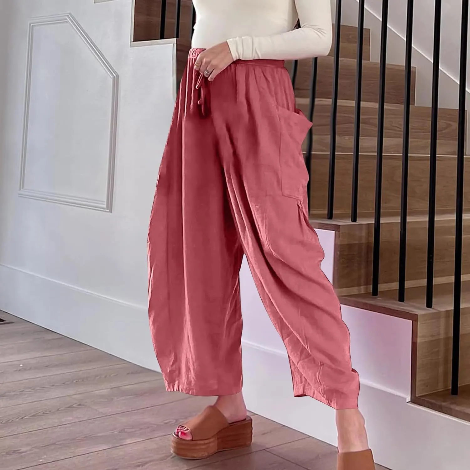 BZGTZT Women's Wide Leg Pants Elastic Waist Drawstring Casual Pants Straight Leg Lightweight Loose Trousers with Pockets