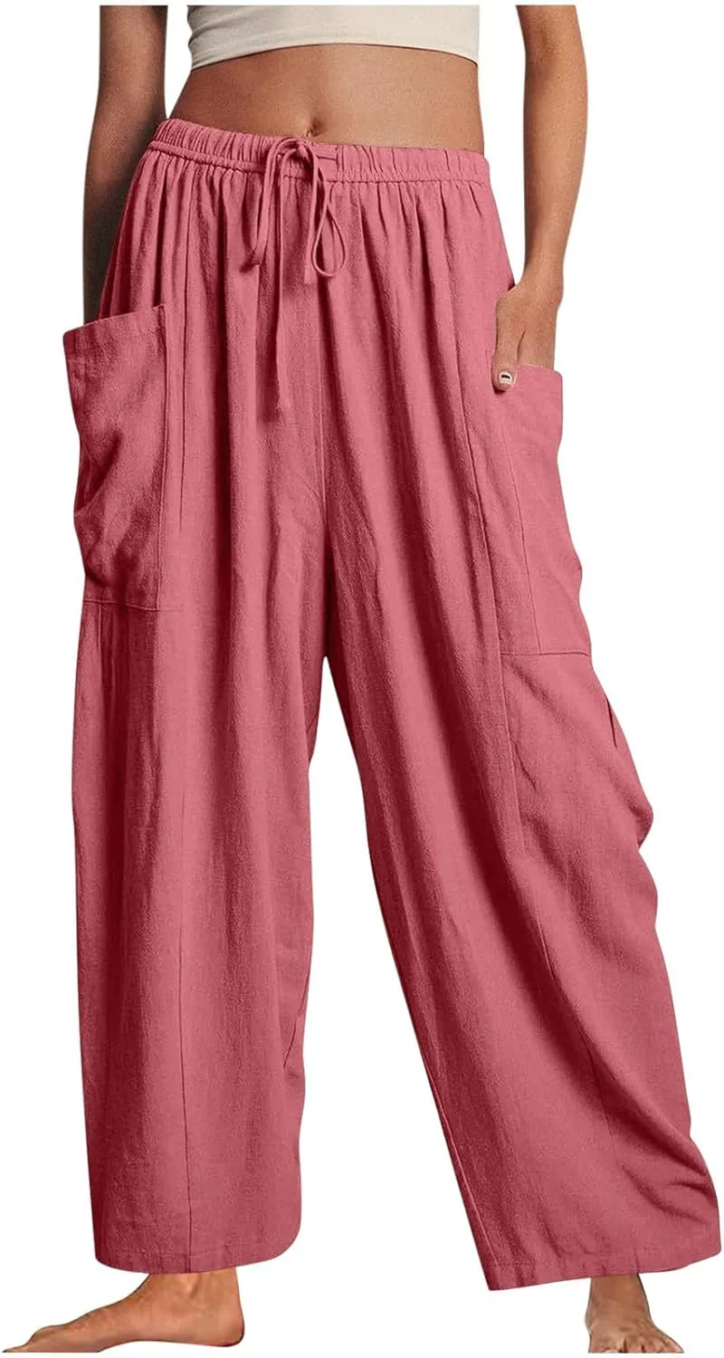 BZGTZT Women's Wide Leg Pants Elastic Waist Drawstring Casual Pants Straight Leg Lightweight Loose Trousers with Pockets