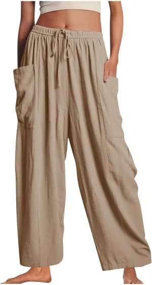 BZGTZT Women's Wide Leg Pants Elastic Waist Drawstring Casual Pants Straight Leg Lightweight Loose Trousers with Pockets