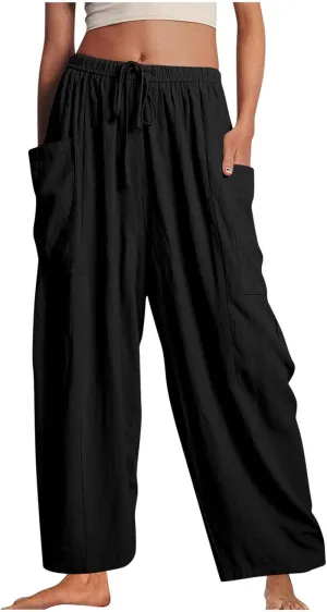 BZGTZT Women's Wide Leg Pants Elastic Waist Drawstring Casual Pants Straight Leg Lightweight Loose Trousers with Pockets