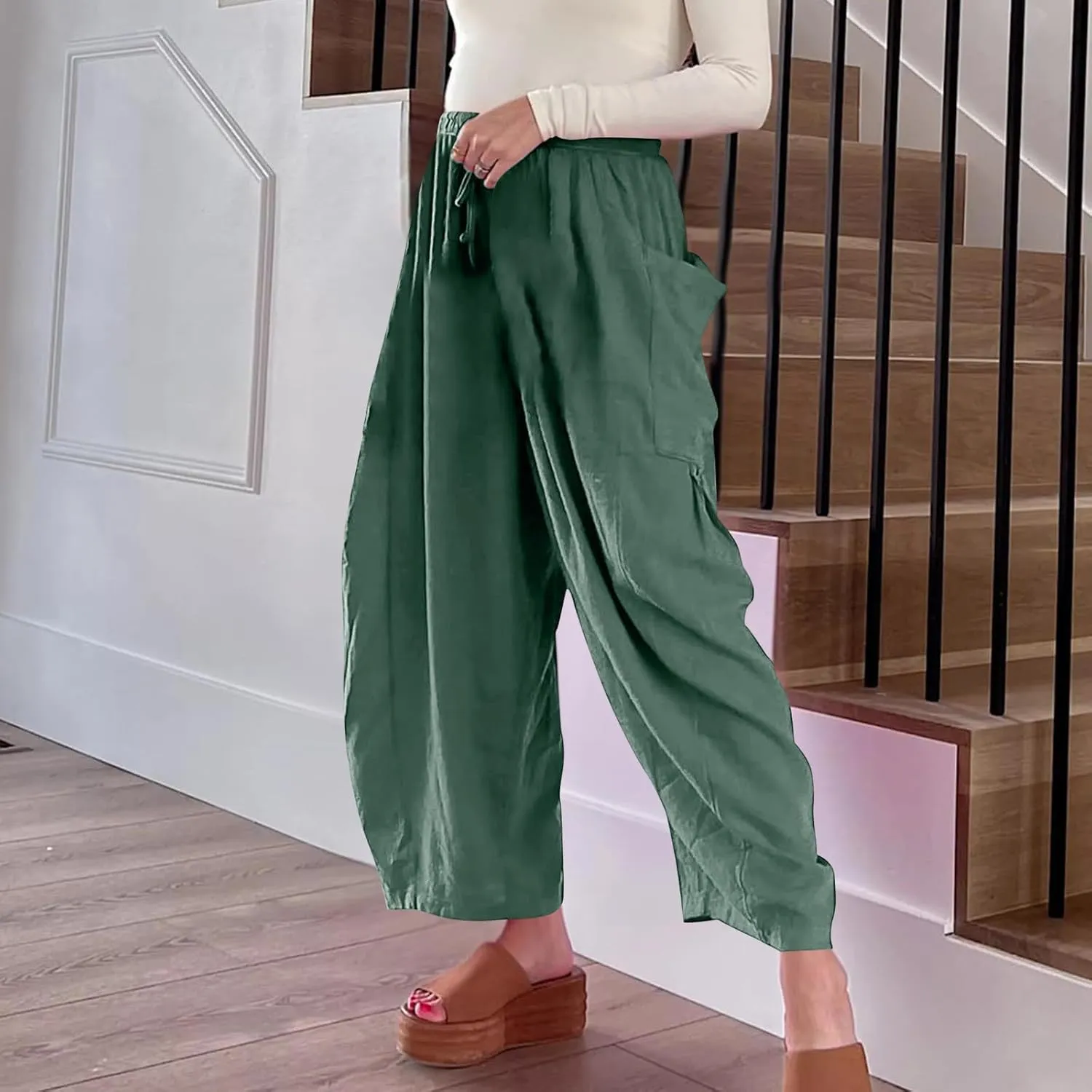 BZGTZT Women's Wide Leg Pants Elastic Waist Drawstring Casual Pants Straight Leg Lightweight Loose Trousers with Pockets