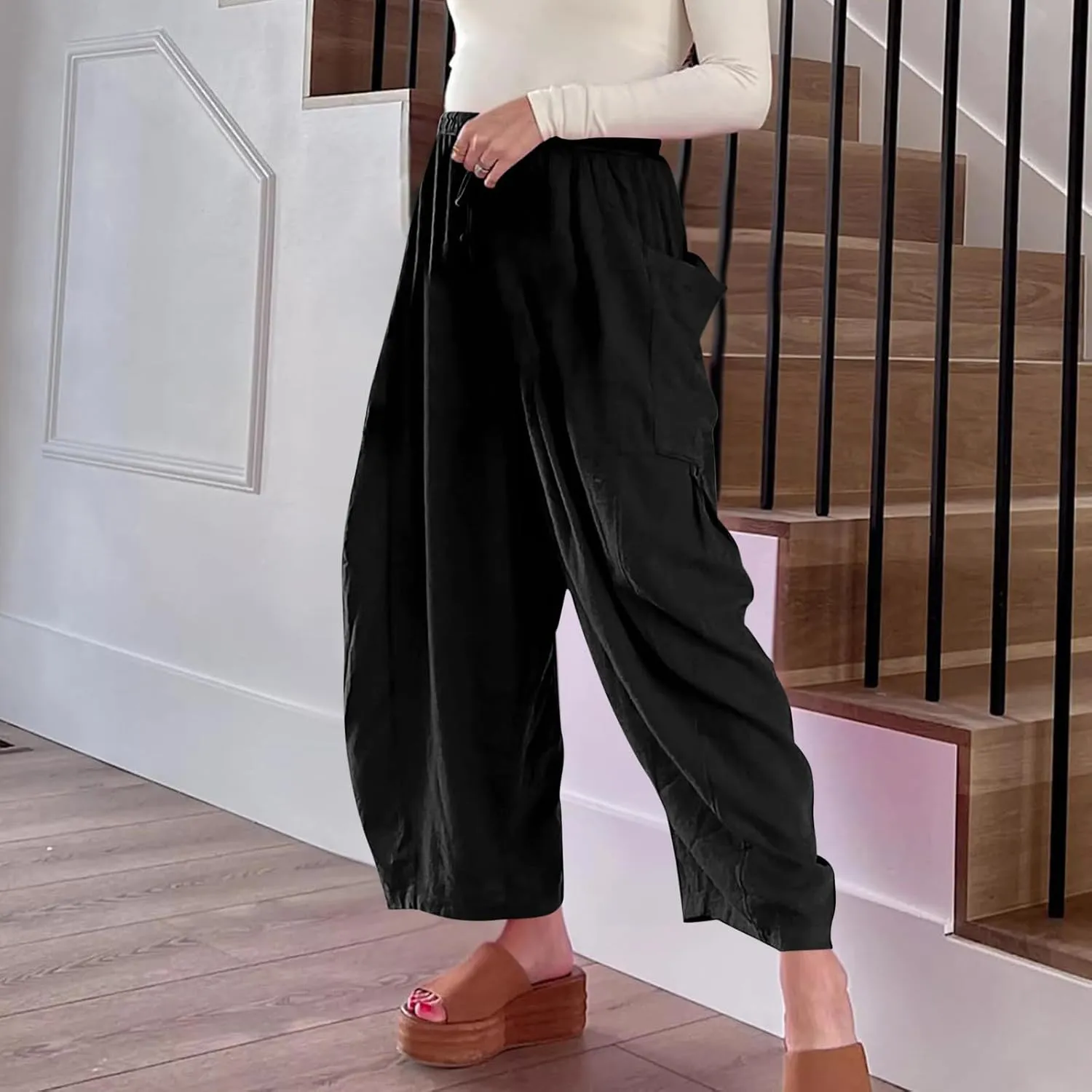 BZGTZT Women's Wide Leg Pants Elastic Waist Drawstring Casual Pants Straight Leg Lightweight Loose Trousers with Pockets
