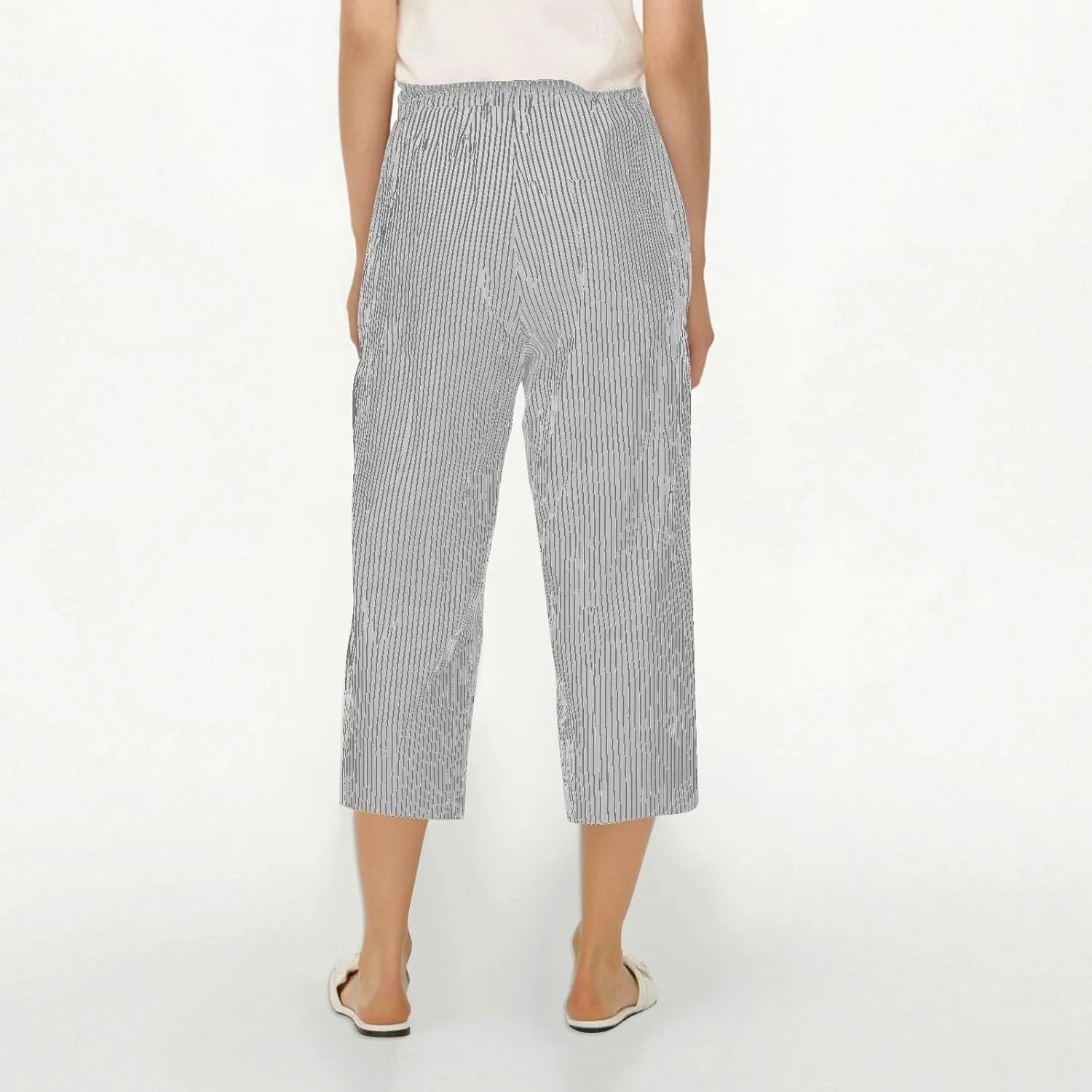 Capri Pants for Women Summer Drawstring High Waisted Striped Linen Pants Loose Crop Beach Gauze Pants with Pockets