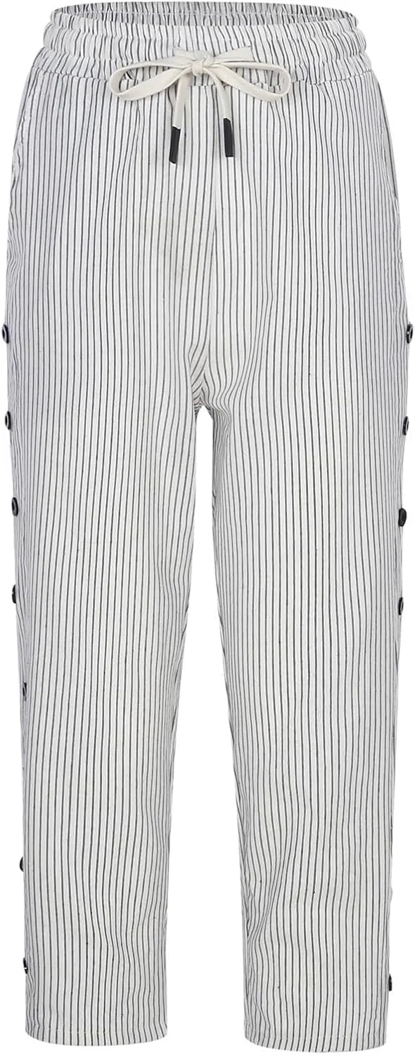 Capri Pants for Women Summer Drawstring High Waisted Striped Linen Pants Loose Crop Beach Gauze Pants with Pockets