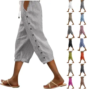 Capri Pants for Women Summer Drawstring High Waisted Striped Linen Pants Loose Crop Beach Gauze Pants with Pockets