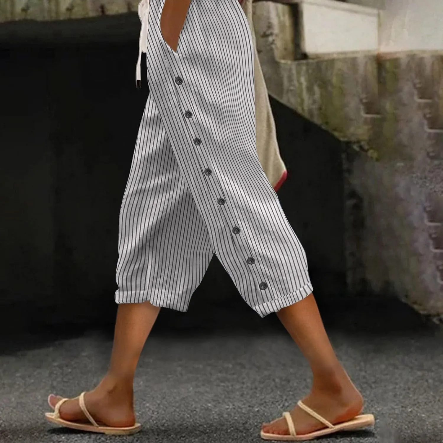 Capri Pants for Women Summer Drawstring High Waisted Striped Linen Pants Loose Crop Beach Gauze Pants with Pockets