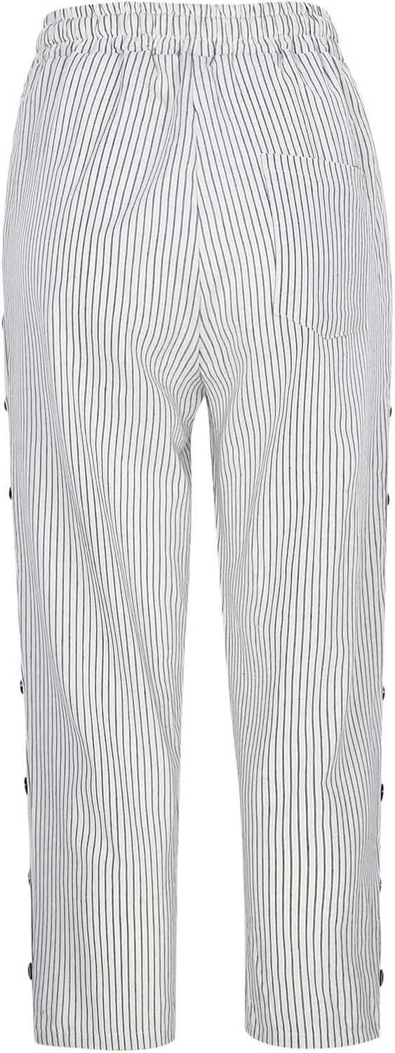 Capri Pants for Women Summer Drawstring High Waisted Striped Linen Pants Loose Crop Beach Gauze Pants with Pockets