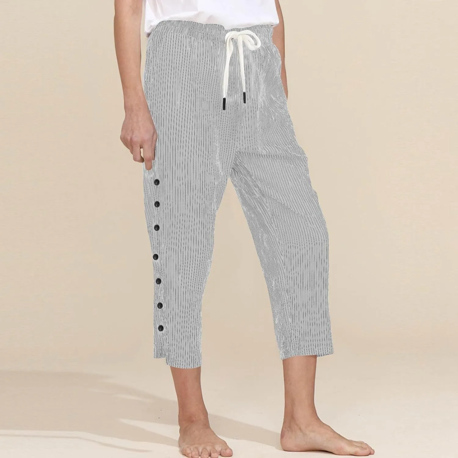 Capri Pants for Women Summer Drawstring High Waisted Striped Linen Pants Loose Crop Beach Gauze Pants with Pockets