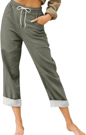 Capris Pants for Women Cotton Linen Summer Casual Loose Straight Wide Leg Loose Drawstring Vacation Cropped Shorts