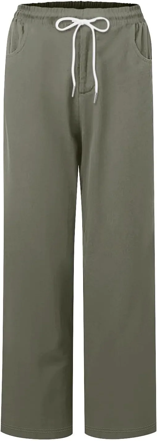 Capris Pants for Women Cotton Linen Summer Casual Loose Straight Wide Leg Loose Drawstring Vacation Cropped Shorts