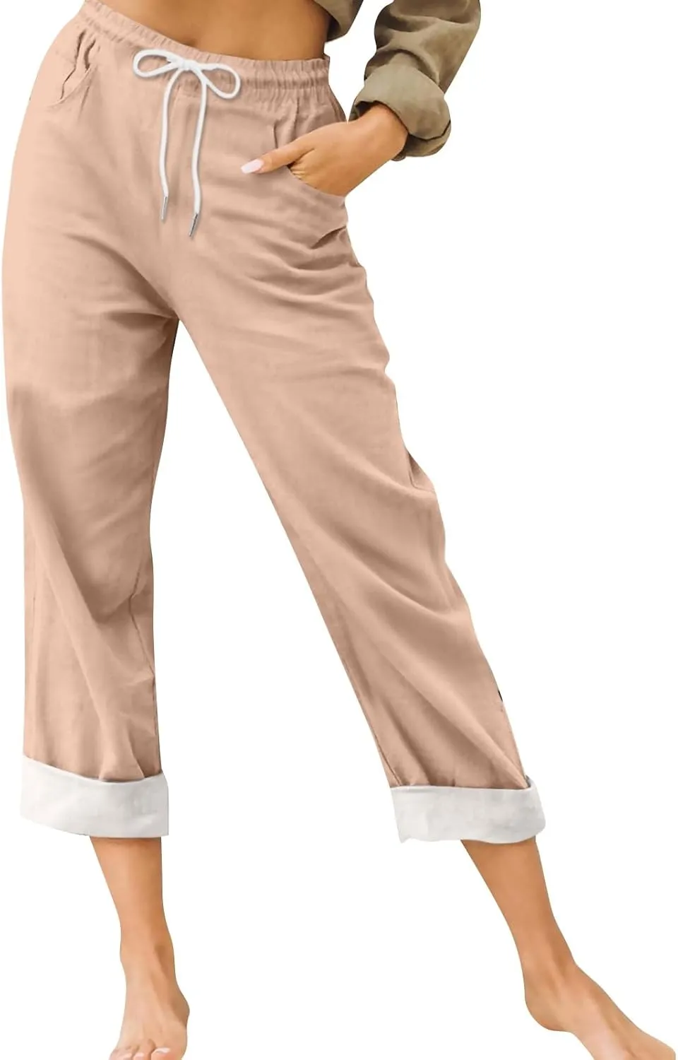 Capris Pants for Women Cotton Linen Summer Casual Loose Straight Wide Leg Loose Drawstring Vacation Cropped Shorts