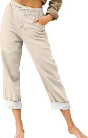 Capris Pants for Women Cotton Linen Summer Casual Loose Straight Wide Leg Loose Drawstring Vacation Cropped Shorts