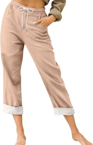 Capris Pants for Women Cotton Linen Summer Casual Loose Straight Wide Leg Loose Drawstring Vacation Cropped Shorts