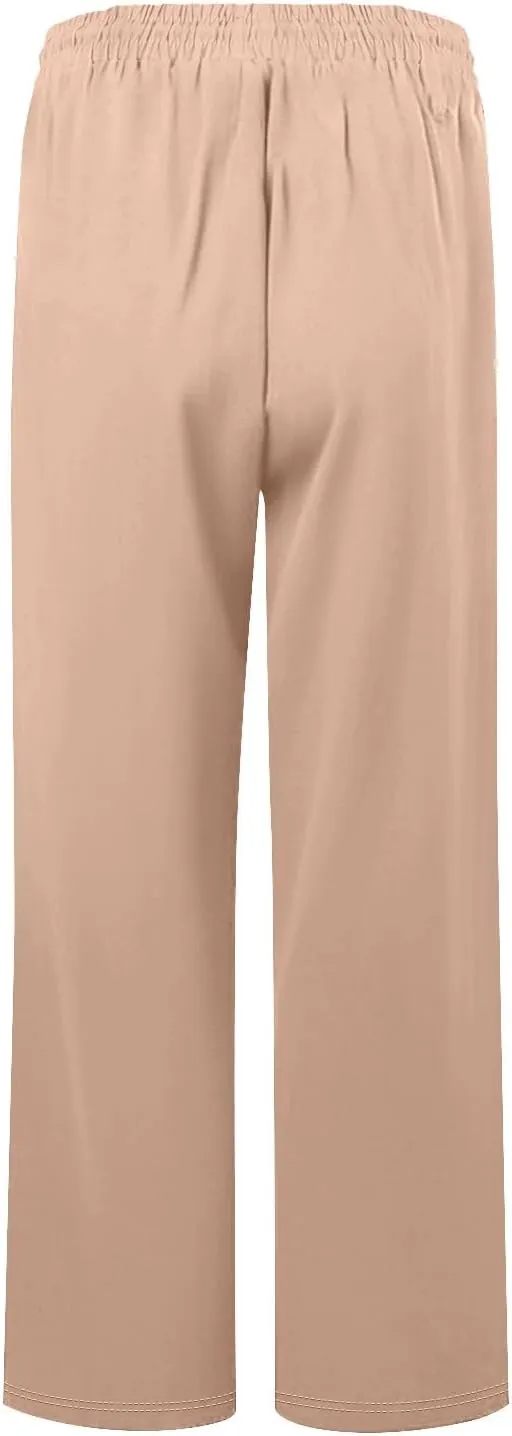 Capris Pants for Women Cotton Linen Summer Casual Loose Straight Wide Leg Loose Drawstring Vacation Cropped Shorts