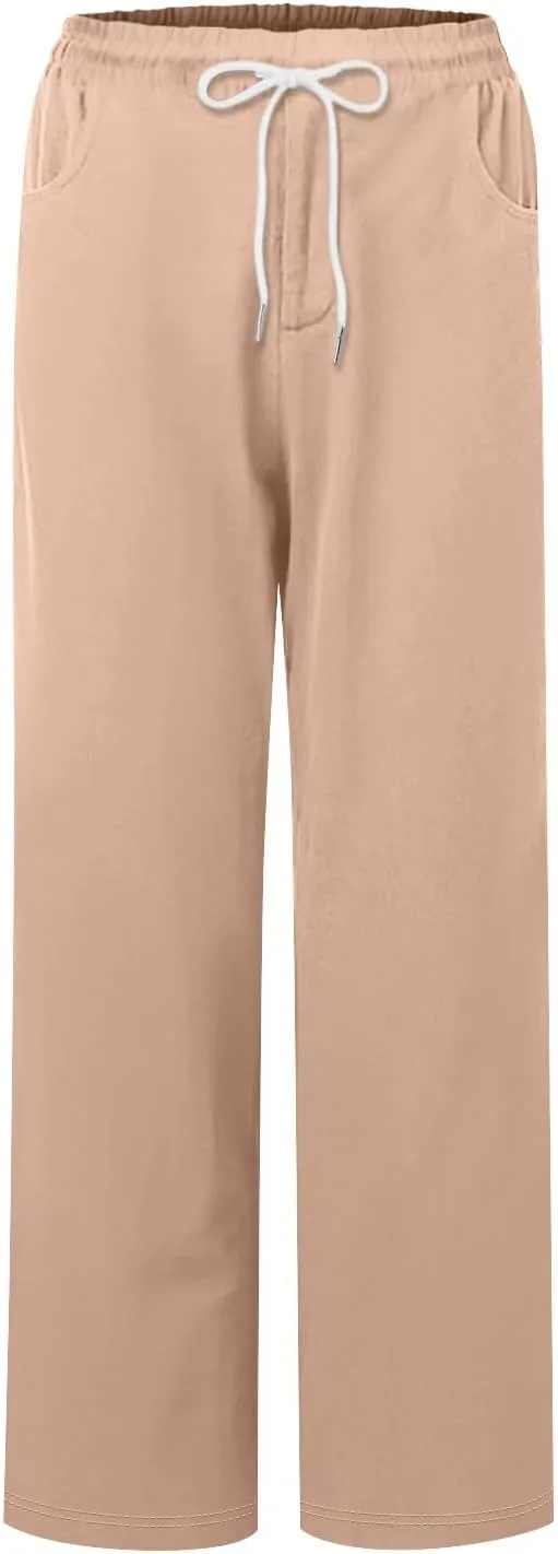 Capris Pants for Women Cotton Linen Summer Casual Loose Straight Wide Leg Loose Drawstring Vacation Cropped Shorts