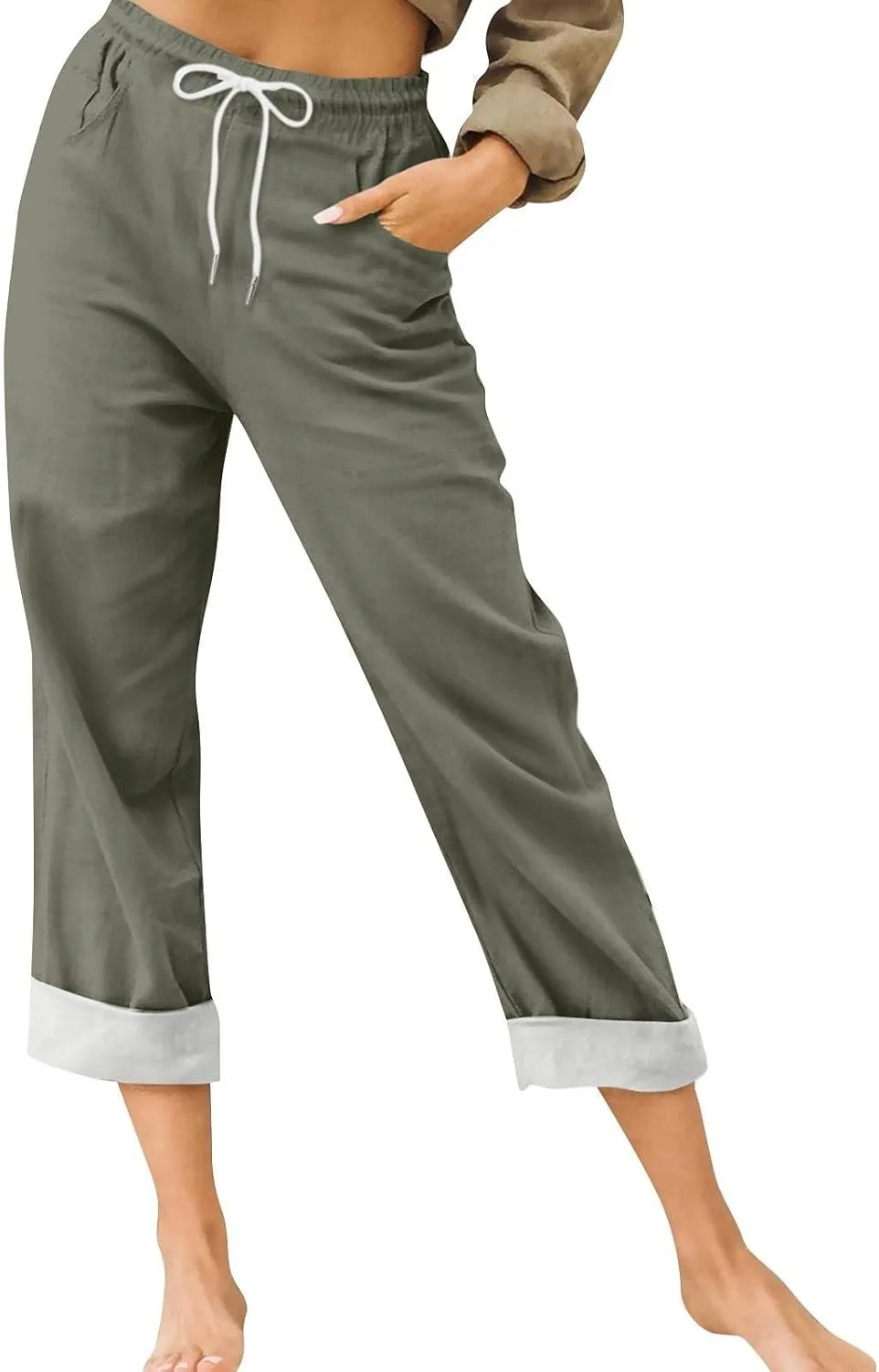 Capris Pants for Women Cotton Linen Summer Casual Loose Straight Wide Leg Loose Drawstring Vacation Cropped Shorts