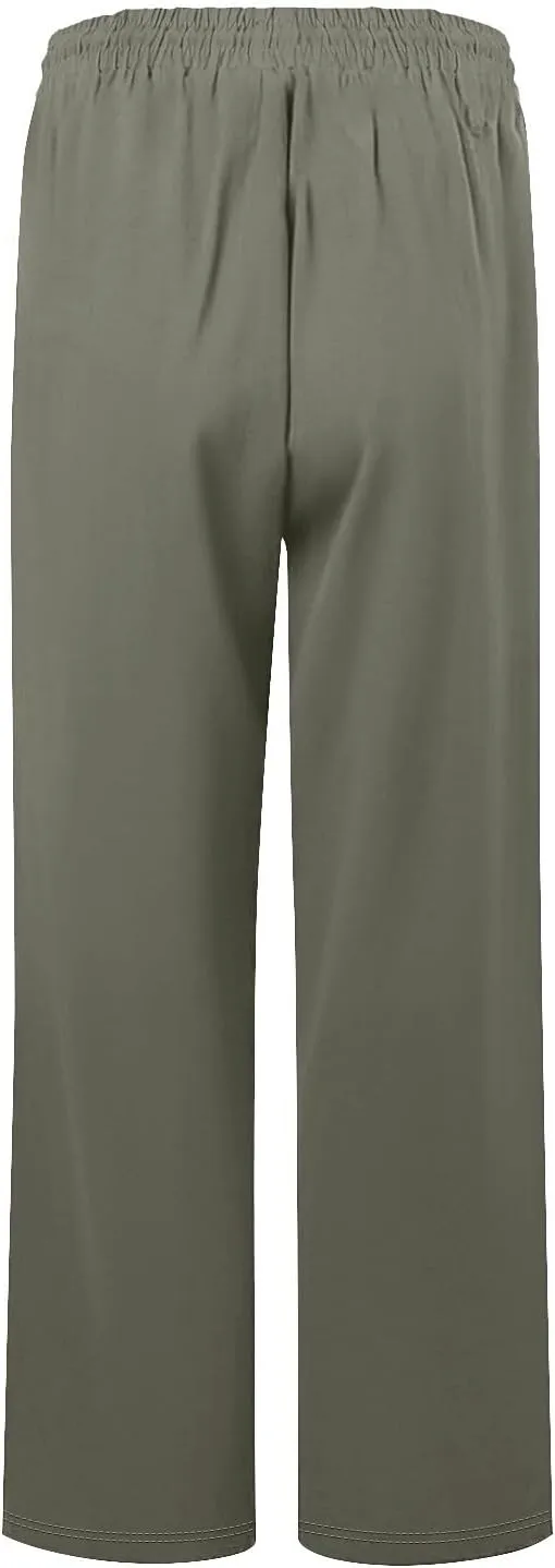 Capris Pants for Women Cotton Linen Summer Casual Loose Straight Wide Leg Loose Drawstring Vacation Cropped Shorts
