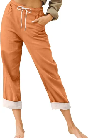 Capris Pants for Women Cotton Linen Summer Casual Loose Straight Wide Leg Loose Drawstring Vacation Cropped Shorts