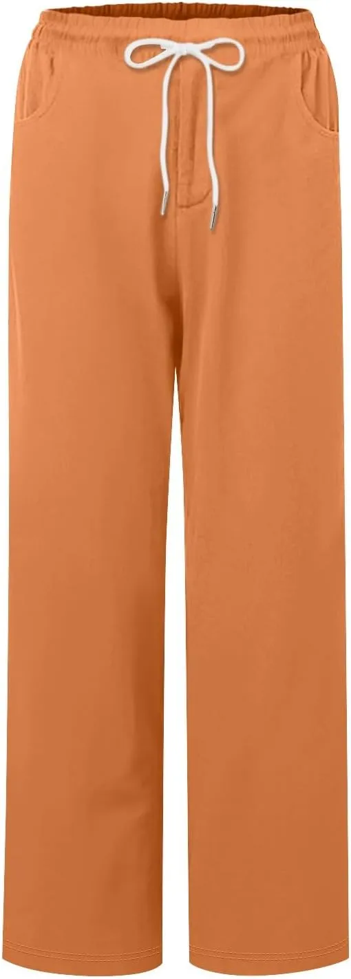 Capris Pants for Women Cotton Linen Summer Casual Loose Straight Wide Leg Loose Drawstring Vacation Cropped Shorts