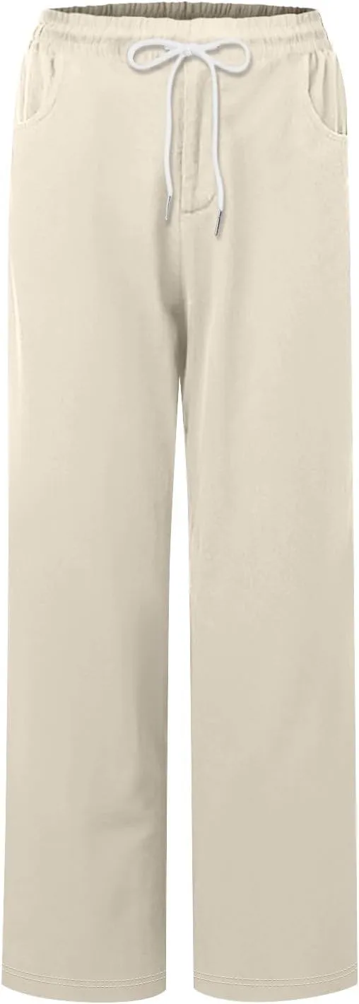 Capris Pants for Women Cotton Linen Summer Casual Loose Straight Wide Leg Loose Drawstring Vacation Cropped Shorts