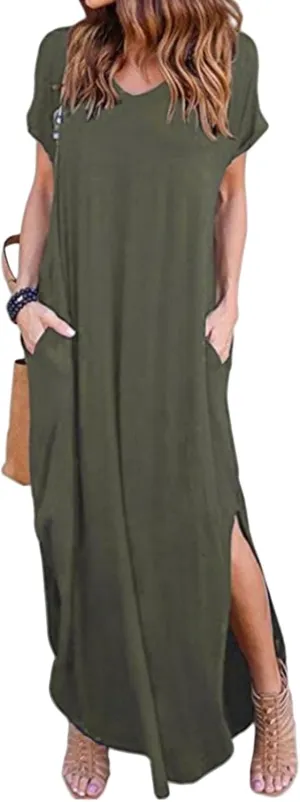 Casual Dresses for Women T-Shirt Summer Short Sleeve V Neck Split Maxi Dresses Loose Oversized Lounge with Pockets