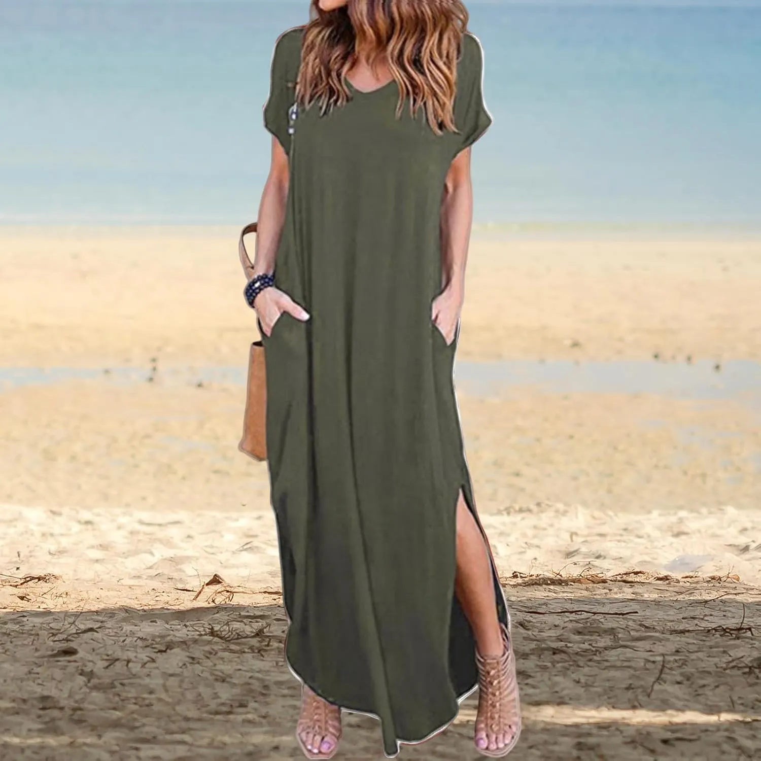 Casual Dresses for Women T-Shirt Summer Short Sleeve V Neck Split Maxi Dresses Loose Oversized Lounge with Pockets