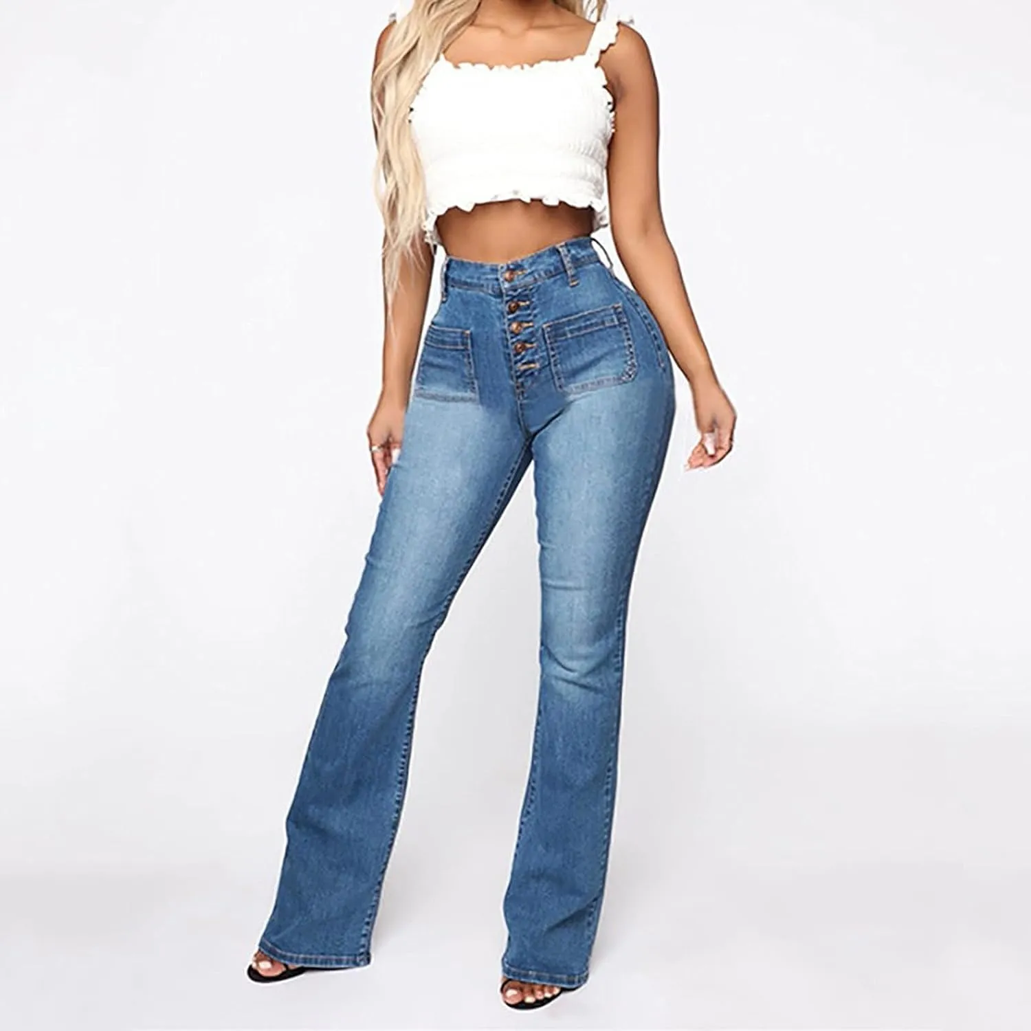 Cdiecer Flared Jeans Women Bell Bottom Jeans Button Closure Jeans Pants High Waisted Stretch Jeans Tummy Control Jeans Y2k