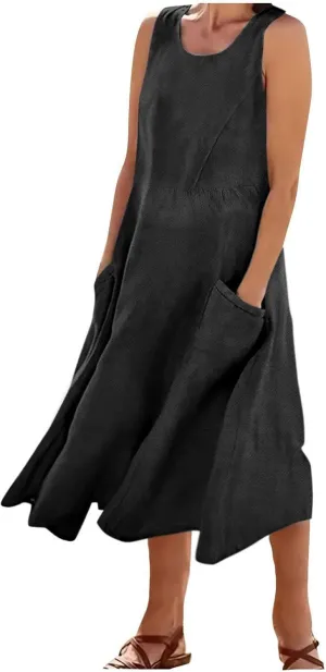 Ceboyel Women Boho Cotton Linen Maxi Dress Beach Vacation Tank Dresses Sleeveless Scoop Neck Sun Dress Trendy Ladies Clothing