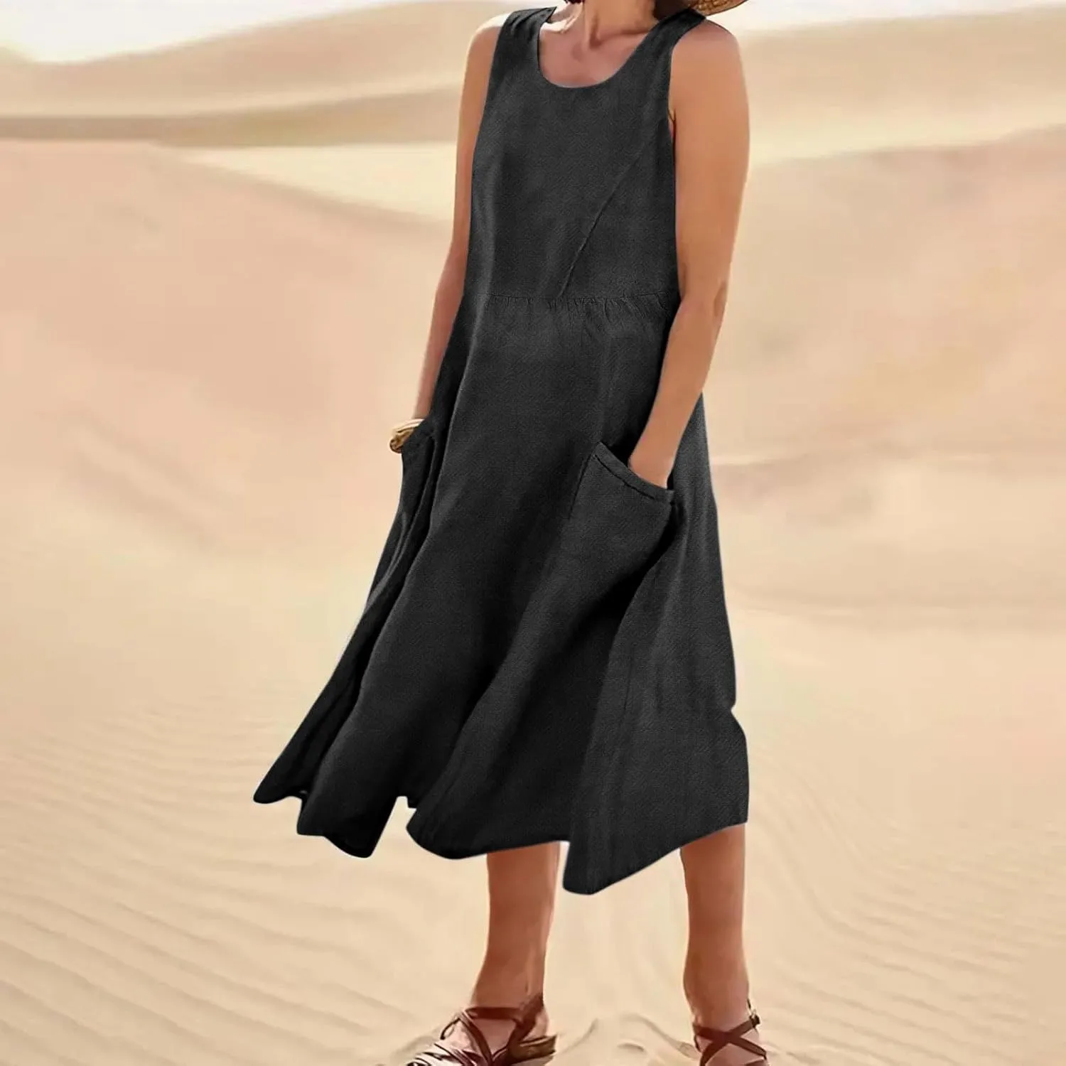 Ceboyel Women Boho Cotton Linen Maxi Dress Beach Vacation Tank Dresses Sleeveless Scoop Neck Sun Dress Trendy Ladies Clothing
