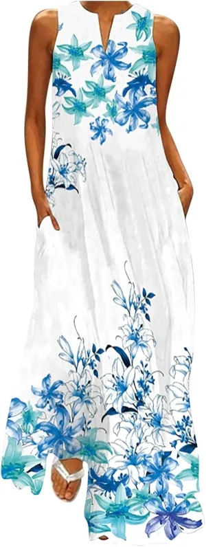 Ceboyel Womens Boho Floral Maxi Dresses Floral Flowy Long Dresses Sleeveless Sun Dress Casual Summer Trendy Outfits 2024