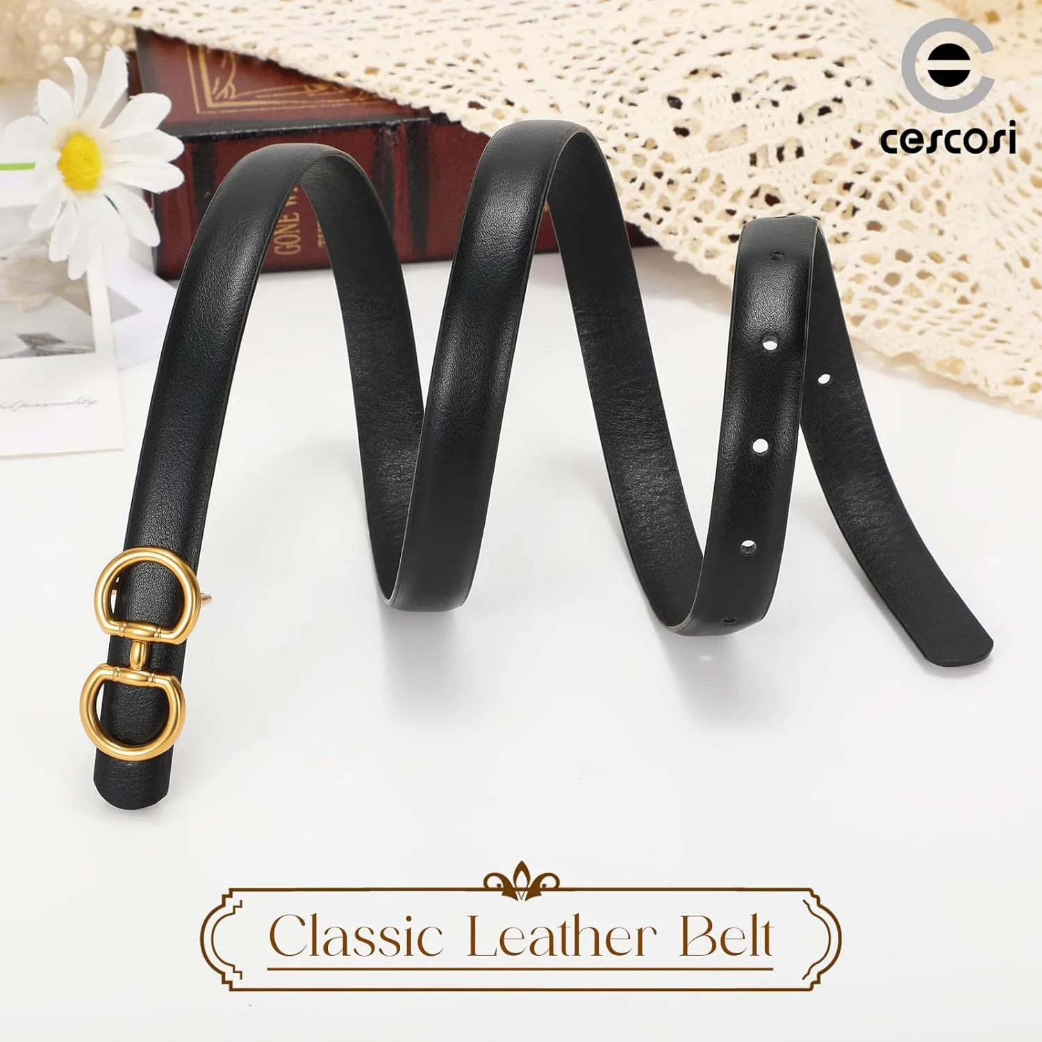 CESCOSI Women Skinny Leather Belts Ladies 2 Pack Thin Waist Belts with Gold Buckle for Dresses 0.7" Width