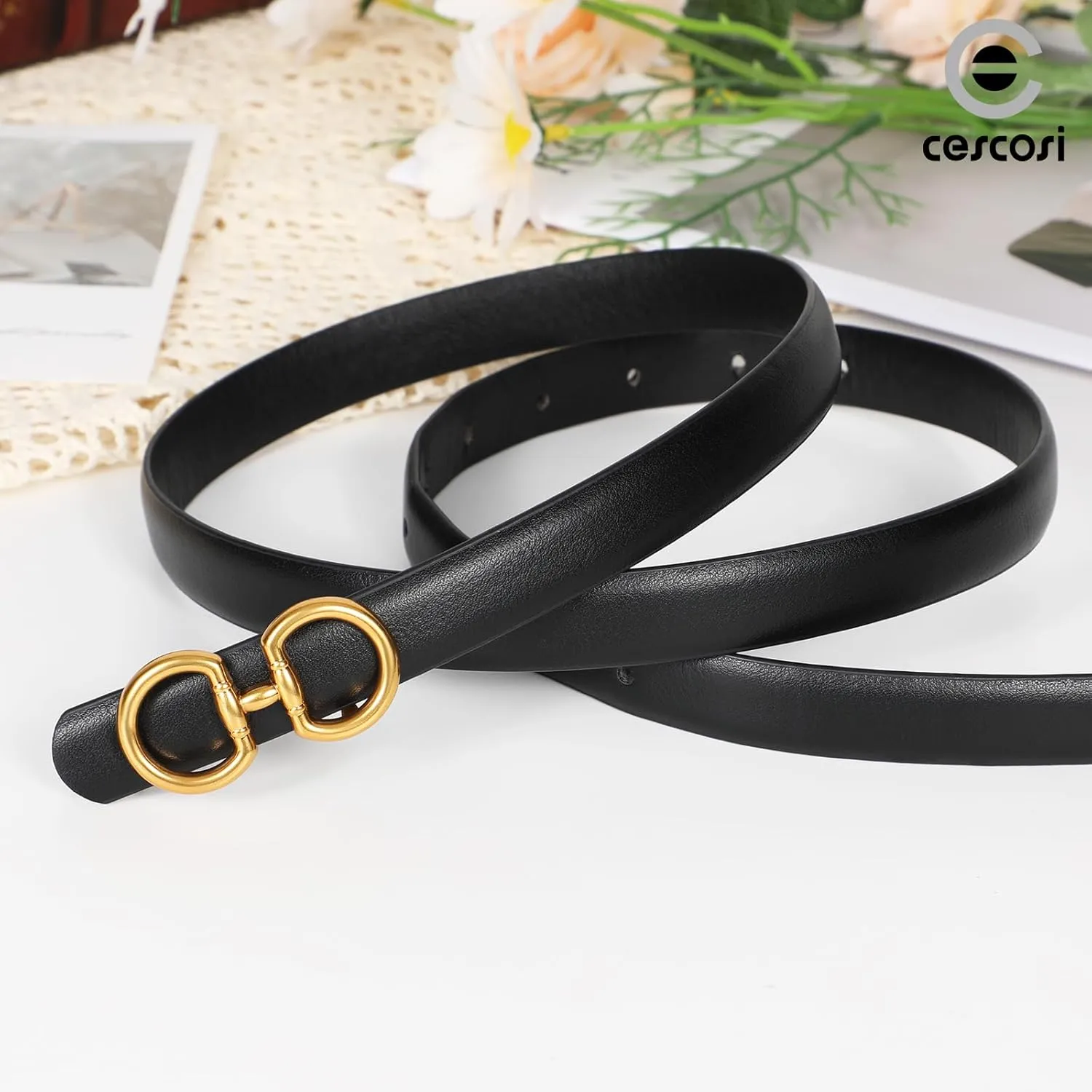 CESCOSI Women Skinny Leather Belts Ladies 2 Pack Thin Waist Belts with Gold Buckle for Dresses 0.7" Width