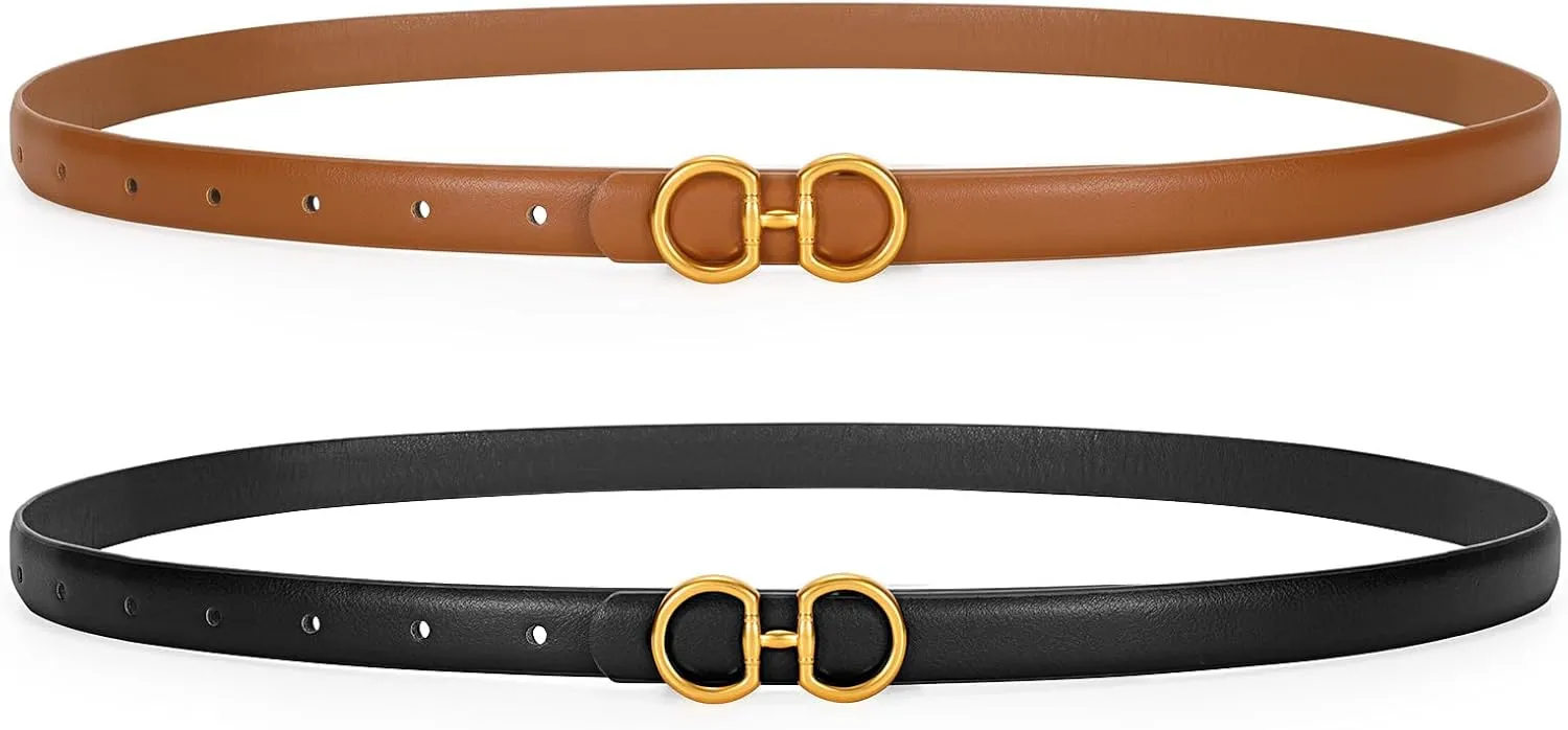 CESCOSI Women Skinny Leather Belts Ladies 2 Pack Thin Waist Belts with Gold Buckle for Dresses 0.7" Width