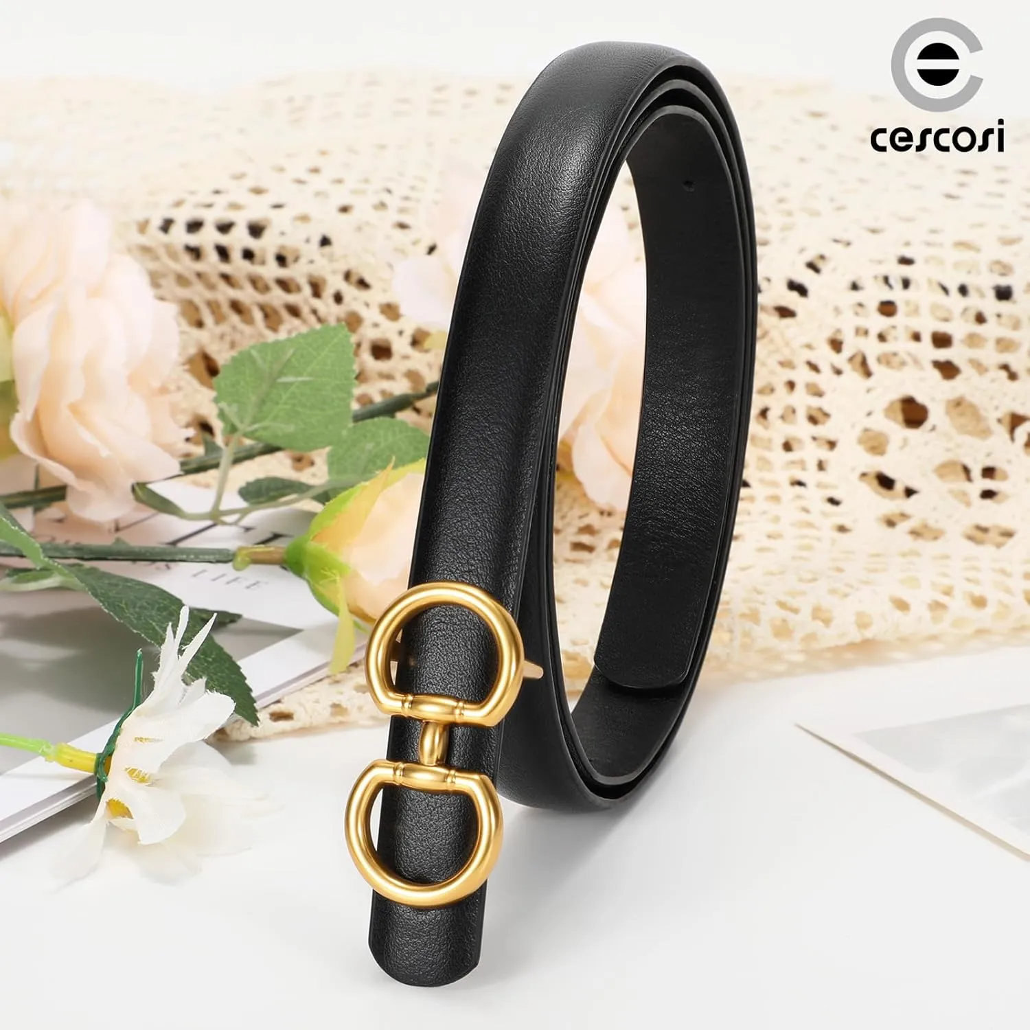CESCOSI Women Skinny Leather Belts Ladies 2 Pack Thin Waist Belts with Gold Buckle for Dresses 0.7" Width