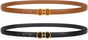 CESCOSI Women Skinny Leather Belts Ladies 2 Pack Thin Waist Belts with Gold Buckle for Dresses 0.7" Width